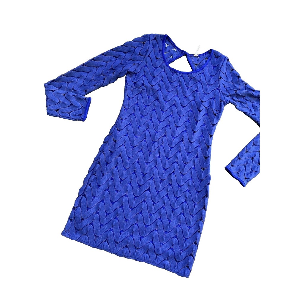 Free People Wild Thing Zig Zag Crochet Long Sleeve Dress Royal Blue~ S